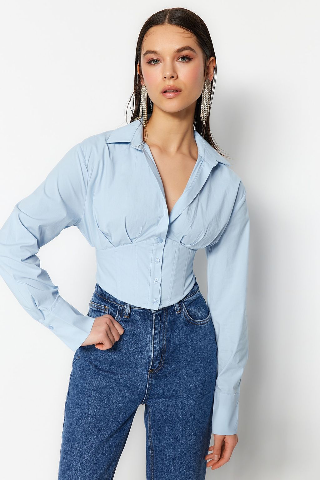 Mavi Crop Astarl? Korse Detayl? Dokuma Poplin Gomlek TPRAW23GO00004