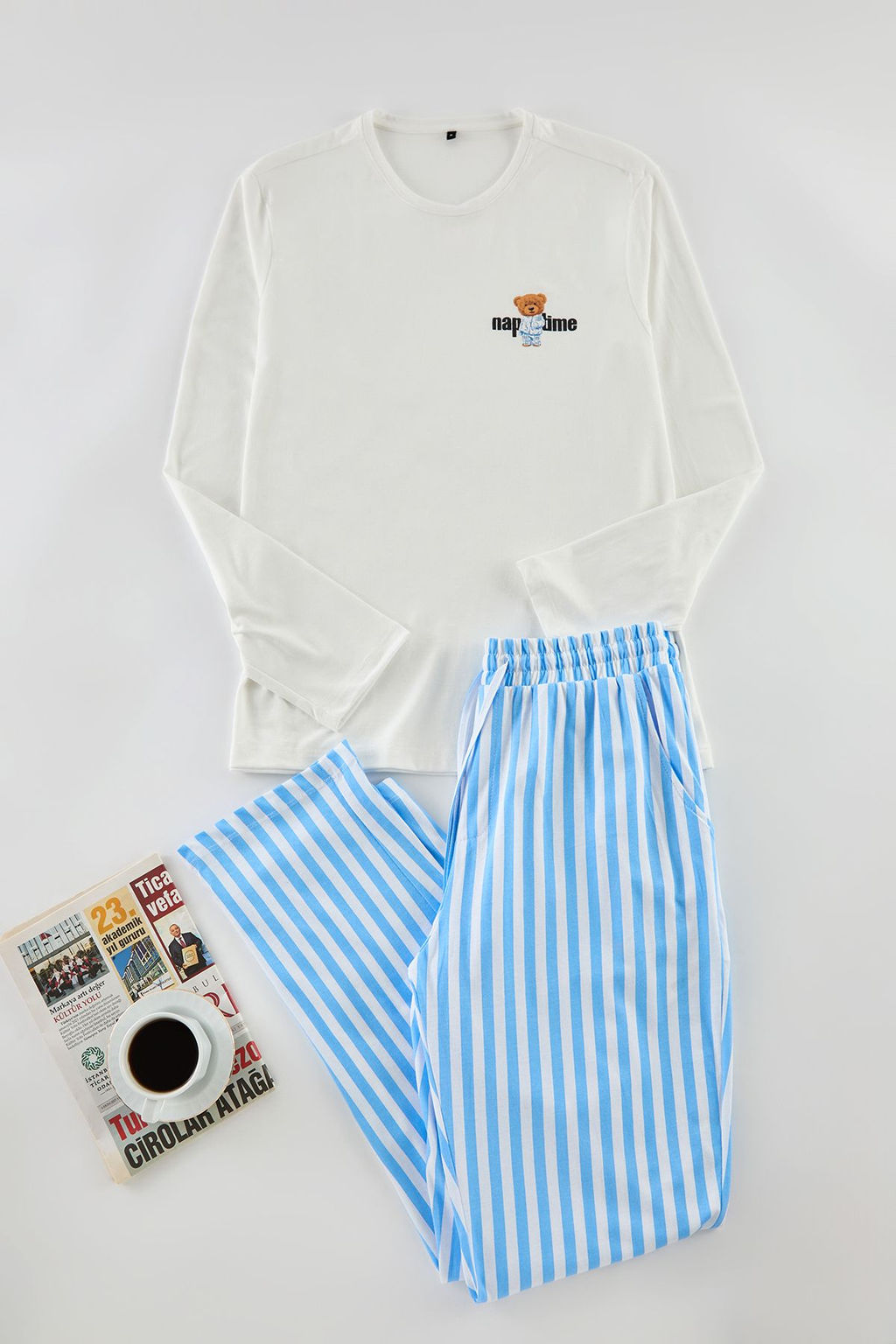 TRENDYOL MAN Bej - Kahve Regular Fit Cizgili Couple/Cift orme Pijama Tam?m? TMNAW25PT00049 - Trendyolmilla фото 7