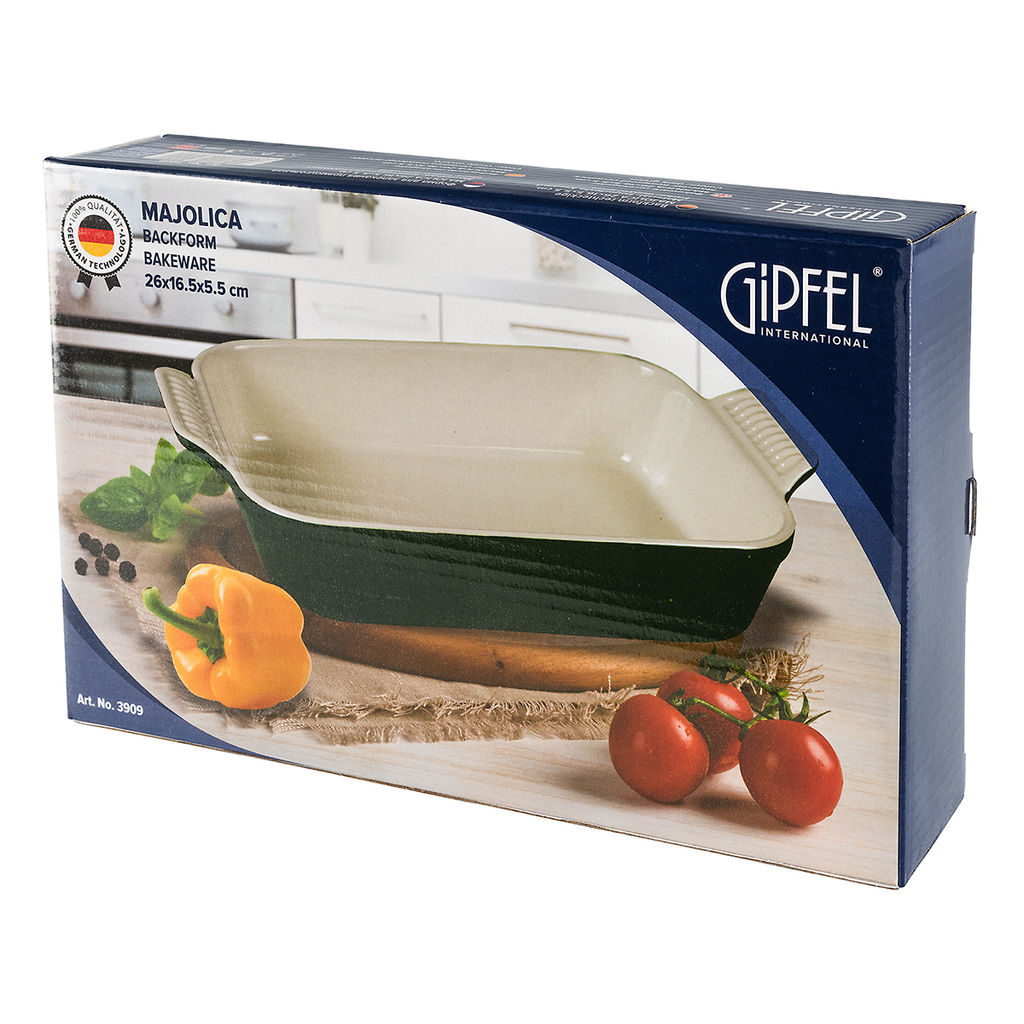 3909 GIPFEL Форма для запекания MAJOLICA прямоугольная 26х16,5х5,5см. Цвет: темно-зеленый. Материал: жаропрочная керамика  фото 3