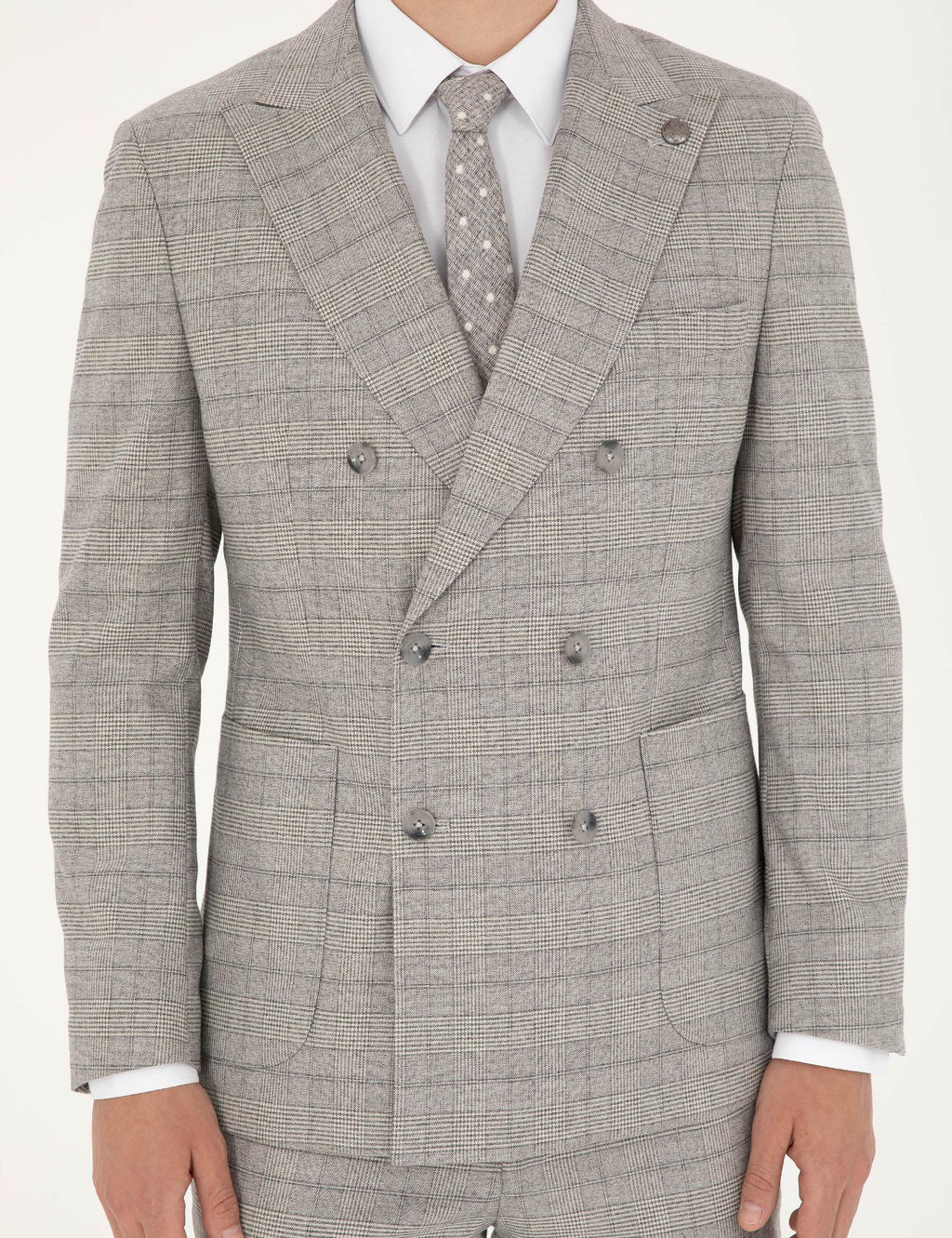 Gri Ex. Slim Fit Ekose Kruvaze Tak_m Elbise