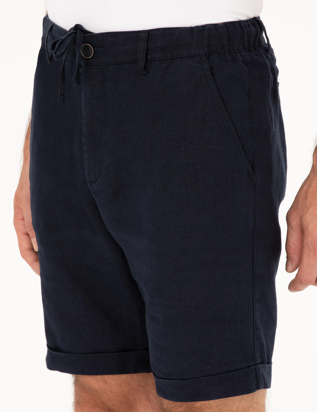 Темно-синие льняные шорты стандартного кроя с эластичной резинкой на талии - Cacharel фото 5
