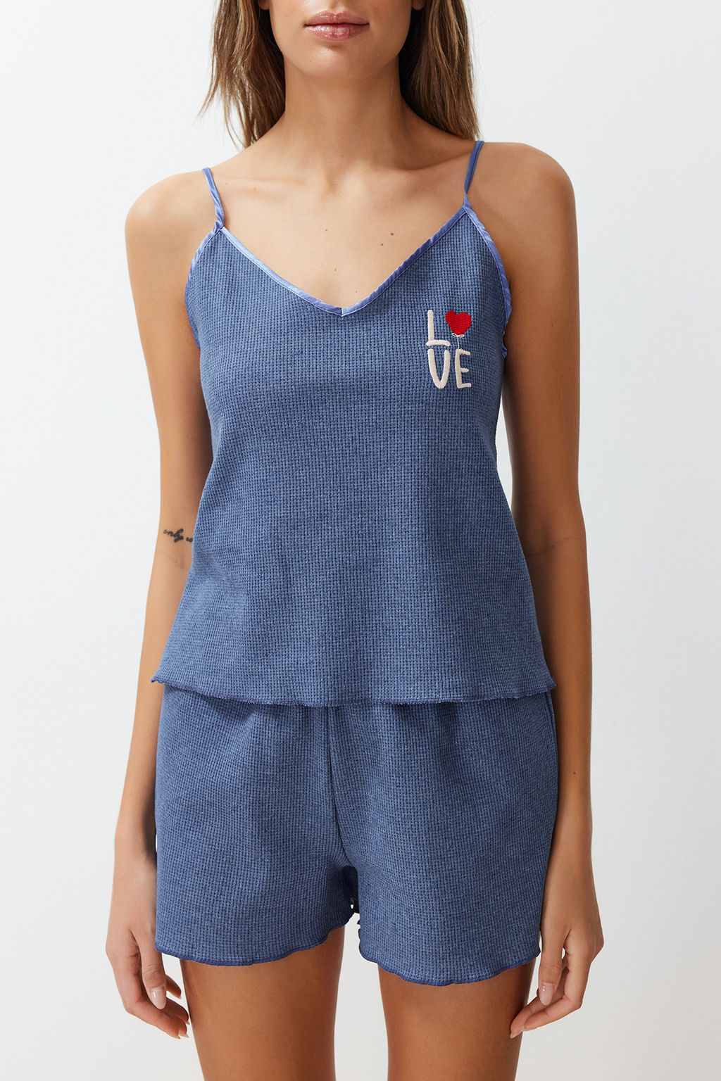 Trendyolmilla Mavi Dokulu Nak?sl? Ip Askl? Sortlu Orme Pijama Tak?m? THMSS24PT00155 фото 4