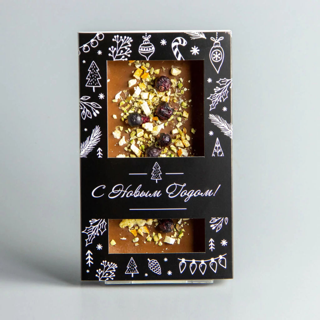 МОЛОЧНЫЙ ШОКОЛАД С АПЕЛЬСИНОМ, ЧЁРНОЙ СМОРОДИНОЙ И ФИСТАШКАМИ, НОВОГОДНЯЯ КОРОБОЧКА #4