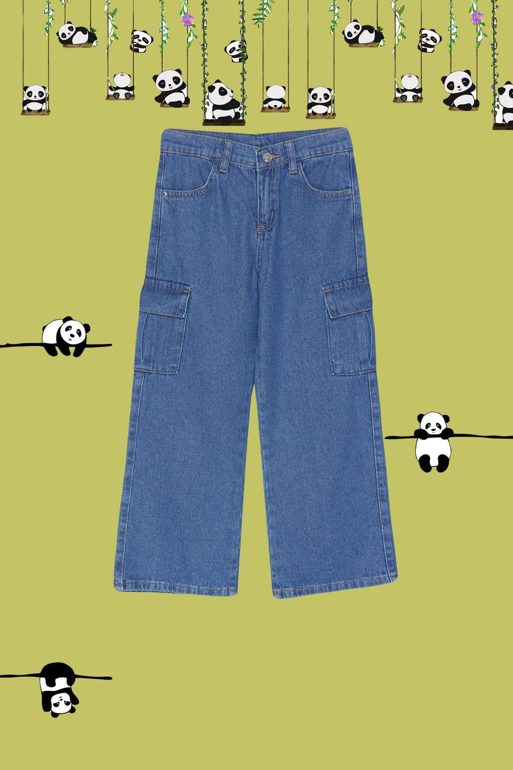 Koyu Mavi K?z Cocuk Wide Leg Kargo Cepli Pamuklu Lastikli Denim Pantolon Jean TKDSS24PL00001 - Trendyolmilla фото 3