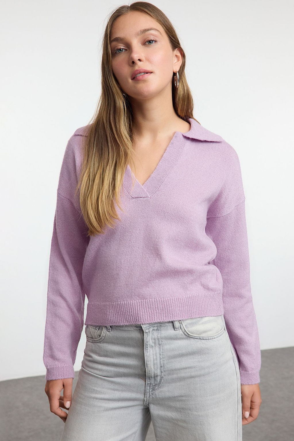 Lila Genis Kal?p Yumusak Dokulu Basic Triko Kazak TWOAW25KZ00023 - Trendyolmilla фото 2