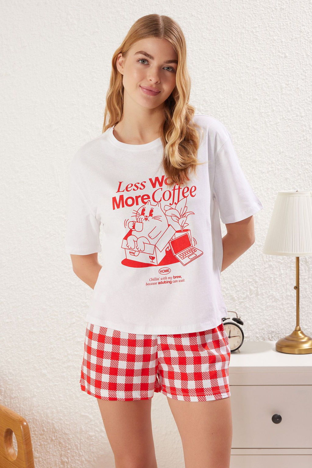 Trendyolmilla Kad?n Couple/Cift K?rm?z? %100 Pamuklu Ekoseli Sortlu Orme Pijama Tak?m? THMSS25PT00178 фото 2