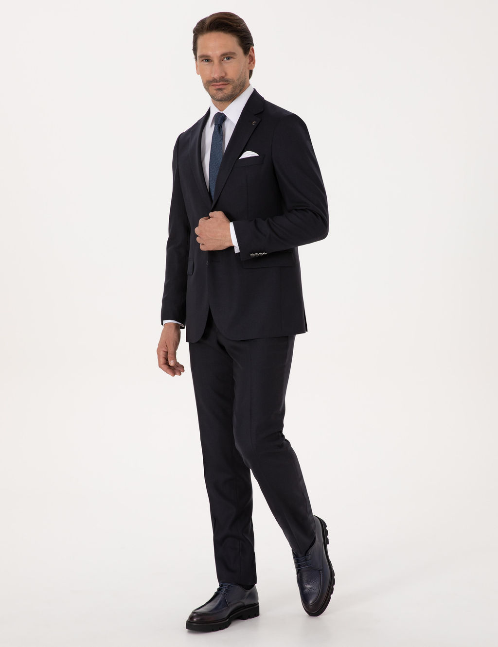 Koyu Lacivert Slim Fit Y_n Kar___ml_ Mikro Desenli Tak_m Elbise - Cacharel фото 4