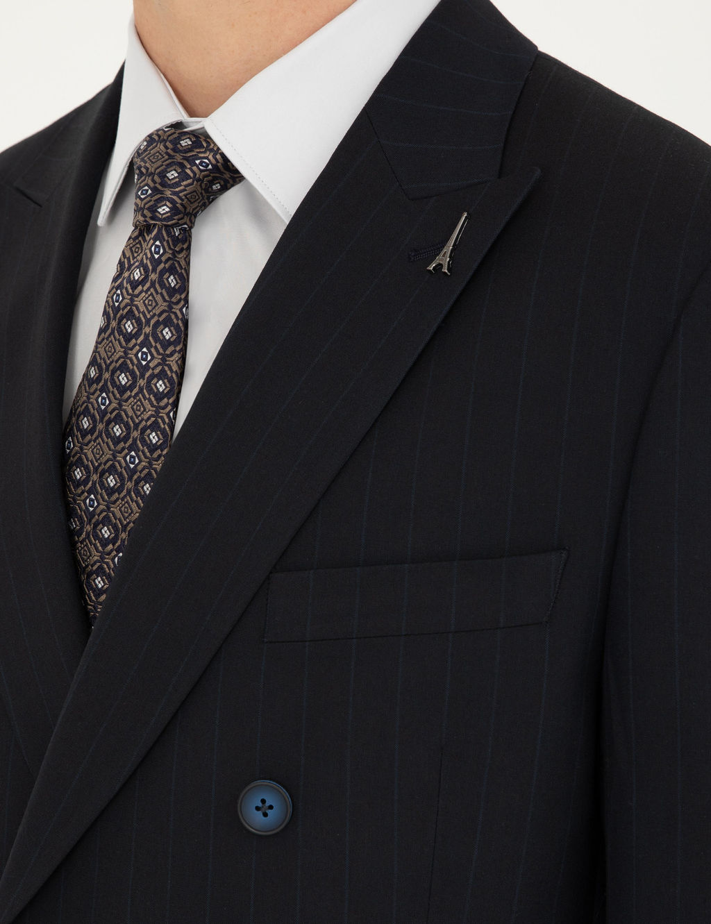 Темно-синий двубортный костюм приталенного кроя в полоску - Cacharel фото 7