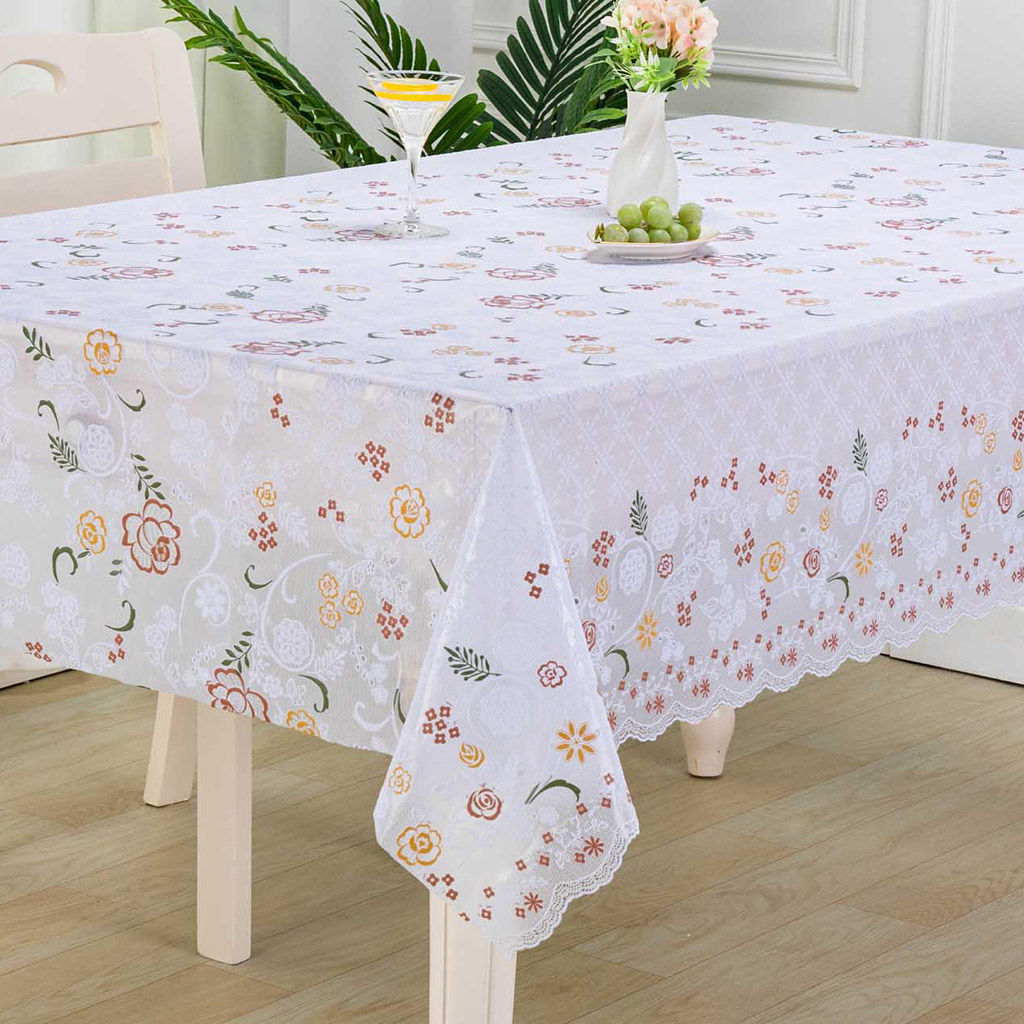 LACE Клеенка столовая ажурная ПВХ 1,37х20м Рапсодия белый фон, цветное тиснение, матовая, на пленке (Китай) Цена указана за 1 м/п. В рулоне 20м. - Домашняя Мода фото 2