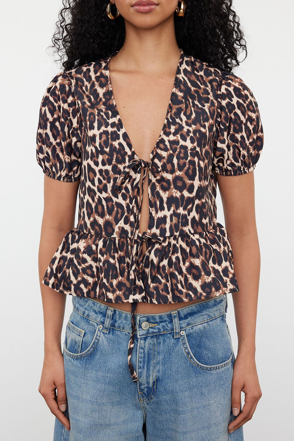 TRENDYOLMILLA Kahverengi Leopar Desenli Baglamal? Cif Tarafl? Dokuma Gomlek TWOSS24GO00233  фото 3