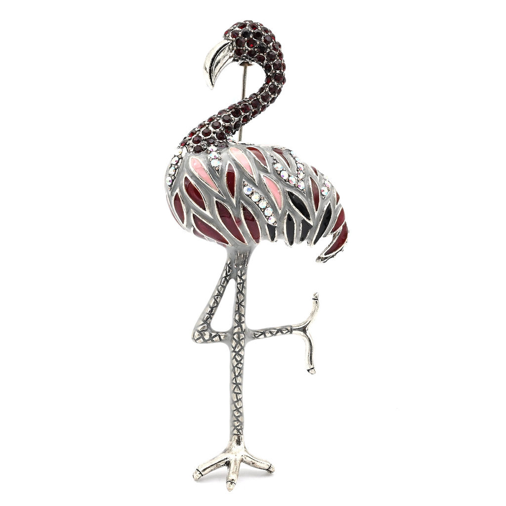 Брошь Фламинго с цирконами и эмалью 34*81мм цв.красный