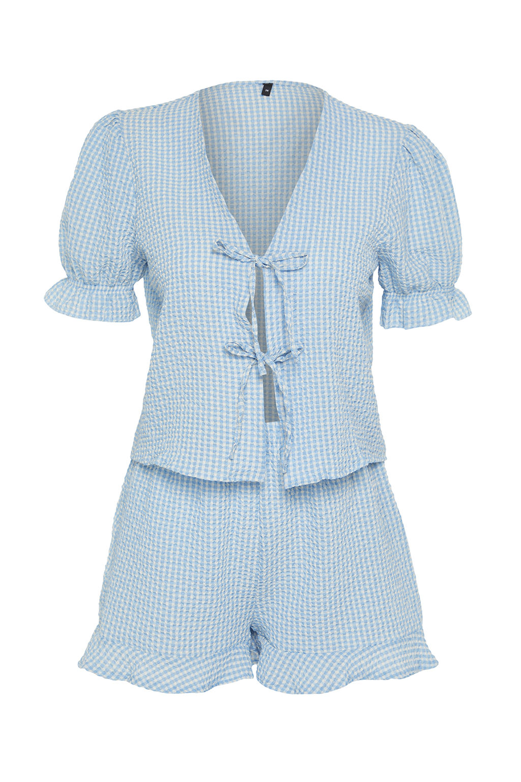 Trendyolmilla Mavi Dokulu Potikareli Baglama/Kurdele/Fiyonk Detayl? Sortlu Dokuma Pijama Tak?m? THMSS24PT00149  фото 10