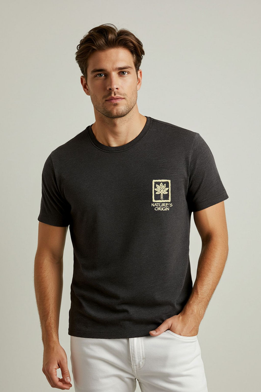 TRENDYOL MAN Antrasit Melanj Slim/Dar Kesim Bask?l? Pamuklu Kal?n T-Shirt T-Shirt TMNSS25TS00184