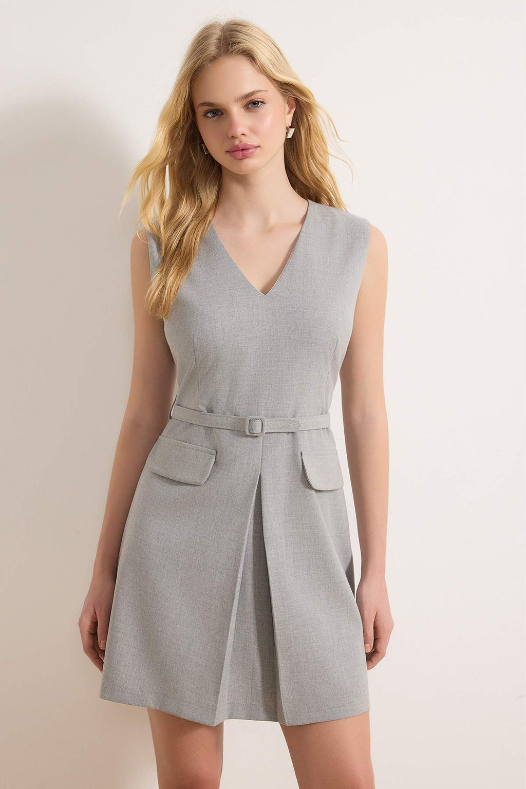 Gri Kemerli K?sa / Mini Dokuma Elbise TWOSS26EL00124