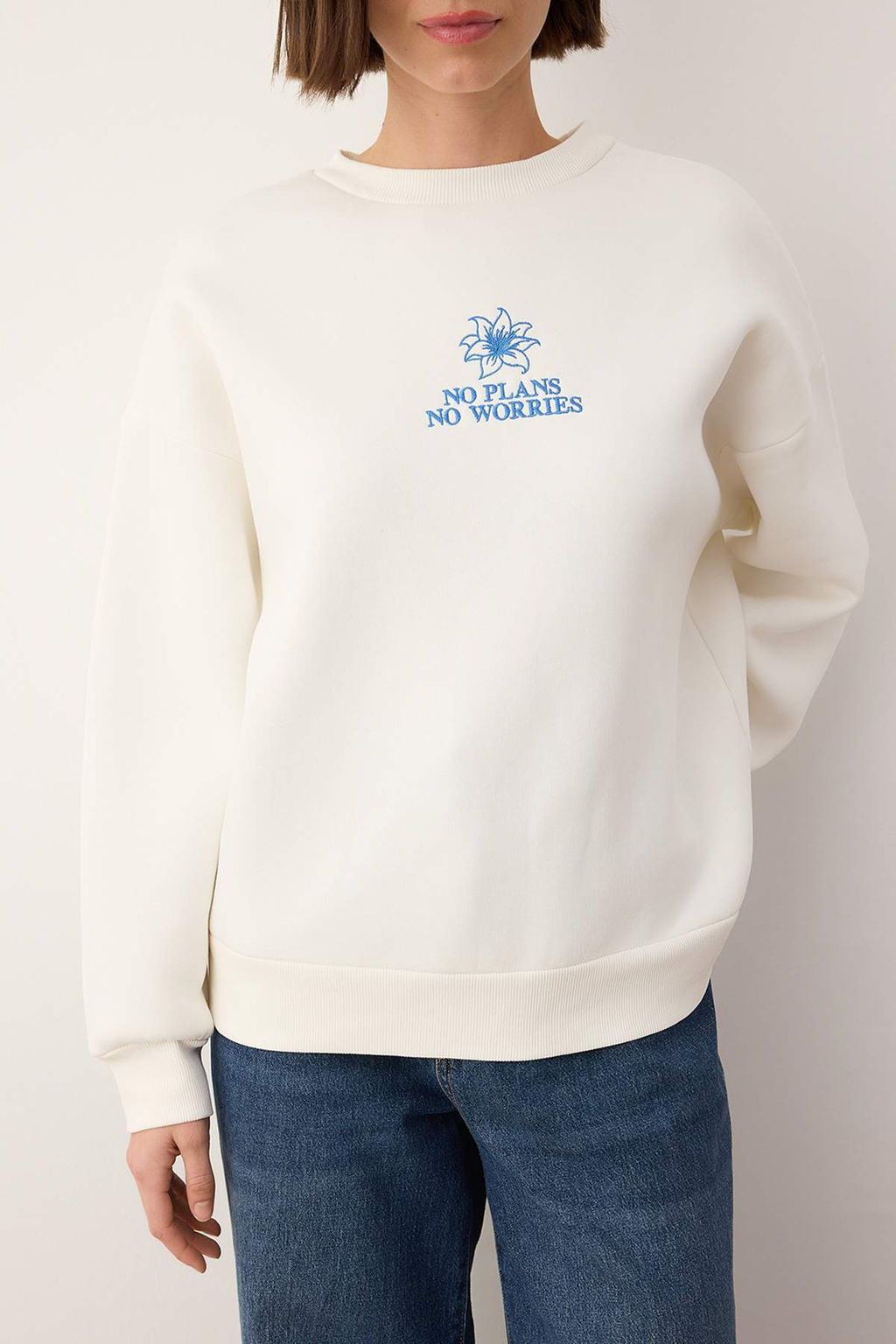 Teen Ekru Kal?n Ici Polarl? Cicek Nak?sl? Bisiklet Yaka Oversize Orme Sweatshirt TWOAW26SW00154 - Trendyolmilla фото 3