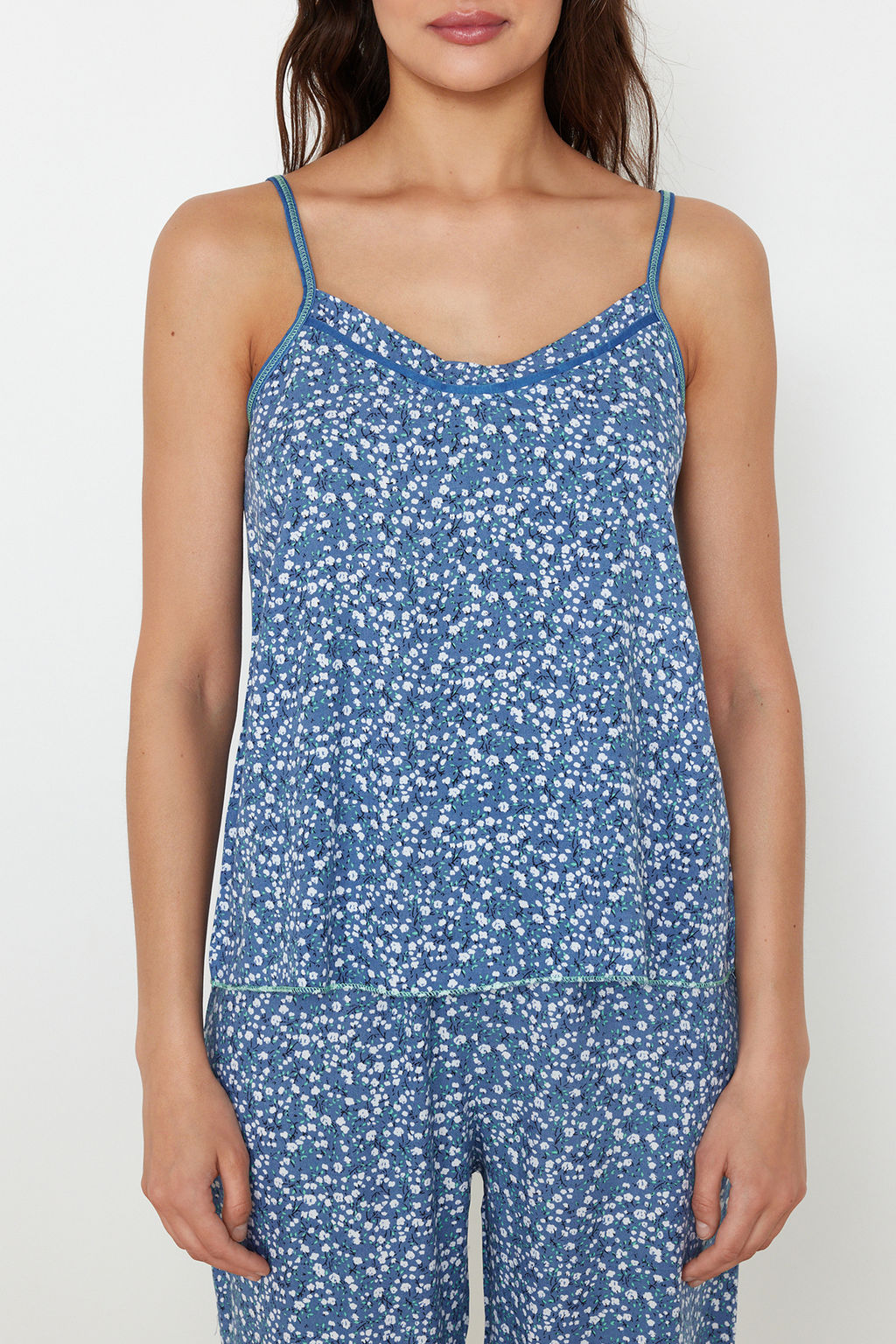 Trendyolmilla Mavi %100 Pamuklu Cicekli Ip Ask?l? Dokuma Pijama Tak?m? THMSS24PT00307  фото 4