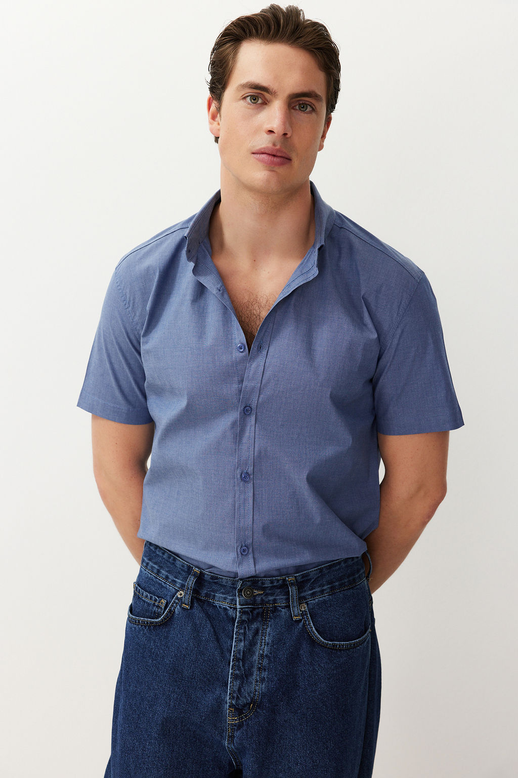 Lacivert Slim Fit K?sa Kollu Gomlek TMNSS24GO00065 - Trendyolmilla фото 5