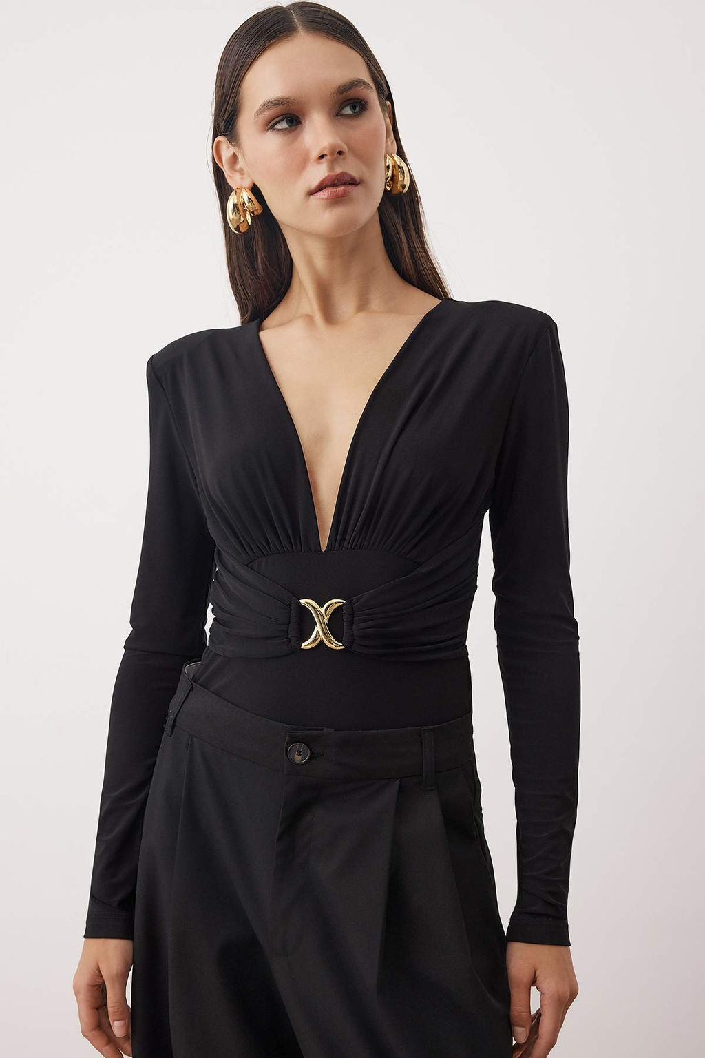 Siyah Duz V Yaka Uzun Orme Sandy Body TPRAW26BD00021 - Trendyolmilla фото 2