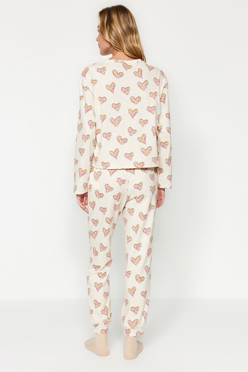 Krem %100 Pamuklu Kalpli Tshirt-Jogger Orme Pijama Tak?m? THMAW24PT00116