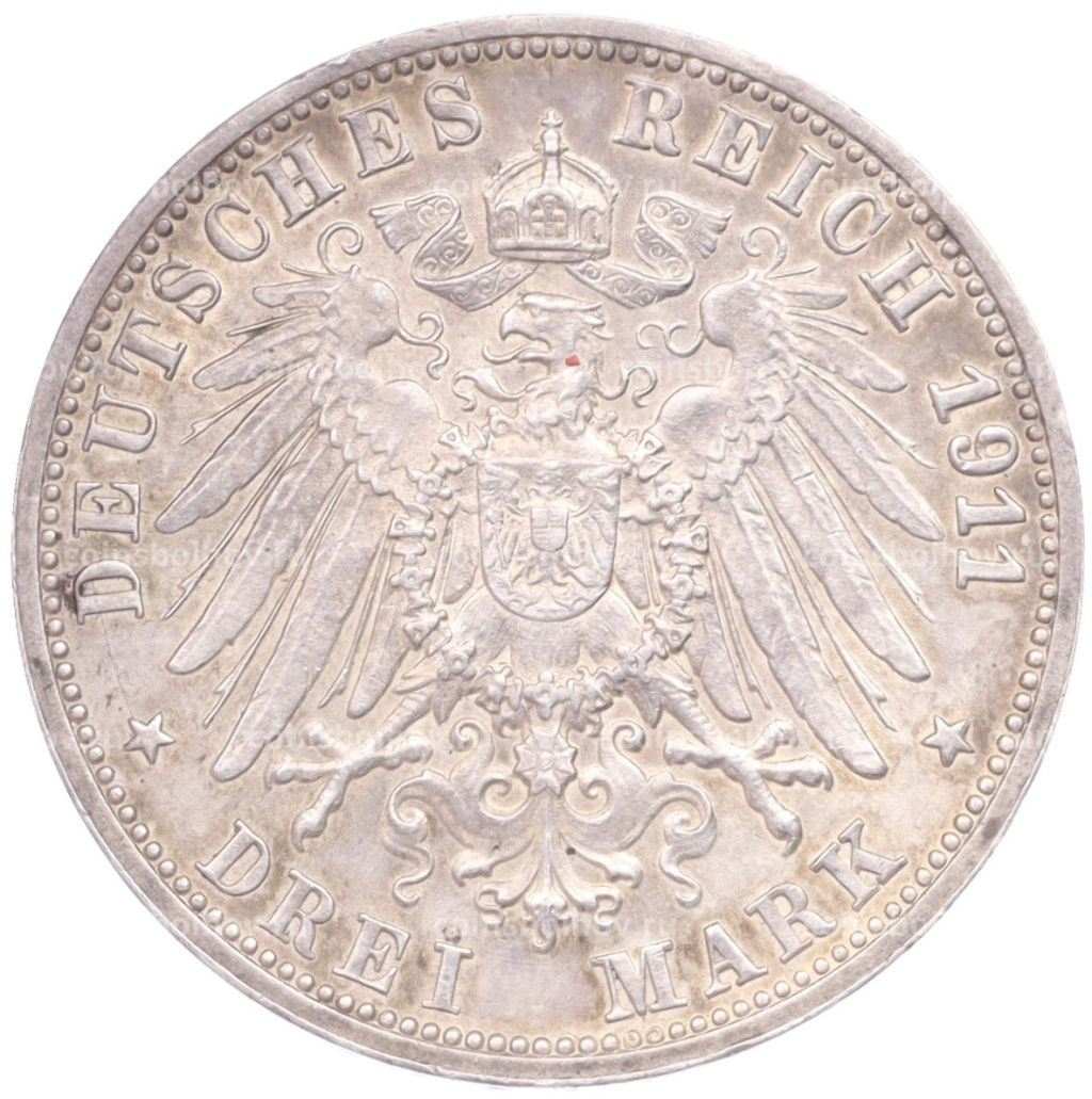 3 марки 1911 года F Германия (Вюртемберг) 25 лет свадьбе Вильгельма II и Шарлотты