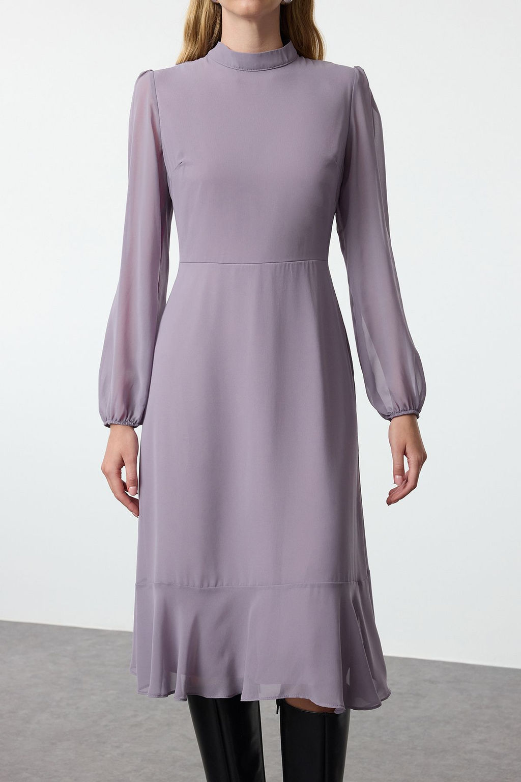 TRENDYOLMILLA Camel Dik Yakal? Etegi Volanl? Sifon Dokuma K?sl?k Elbise TWOAW20EL1313 фото 4