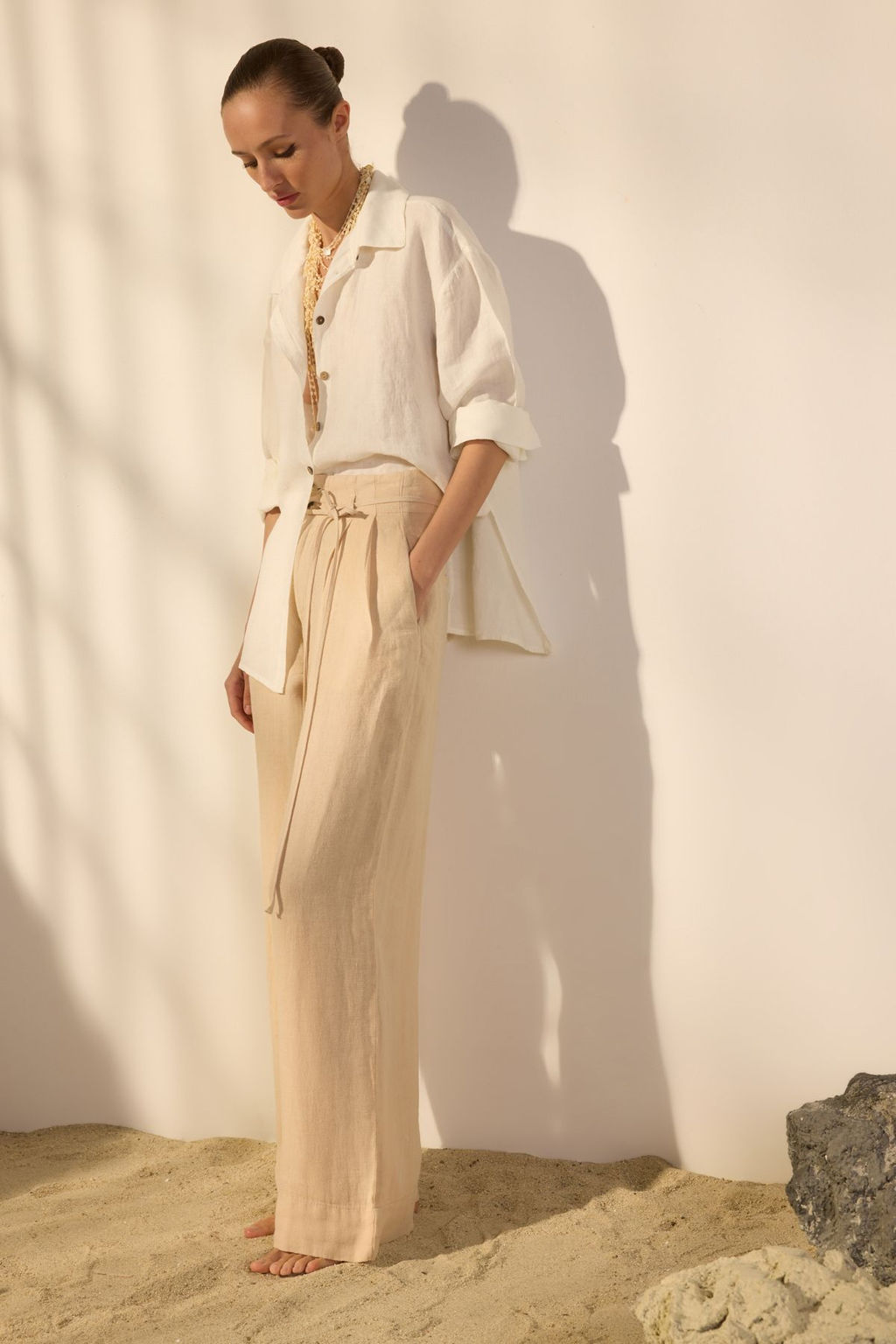 Bej %100 Keten Beli Baglama Detayl? Yuksek Bel Wide Leg Pantolon TWOSS25JE00243 - Trendyolmilla фото 2