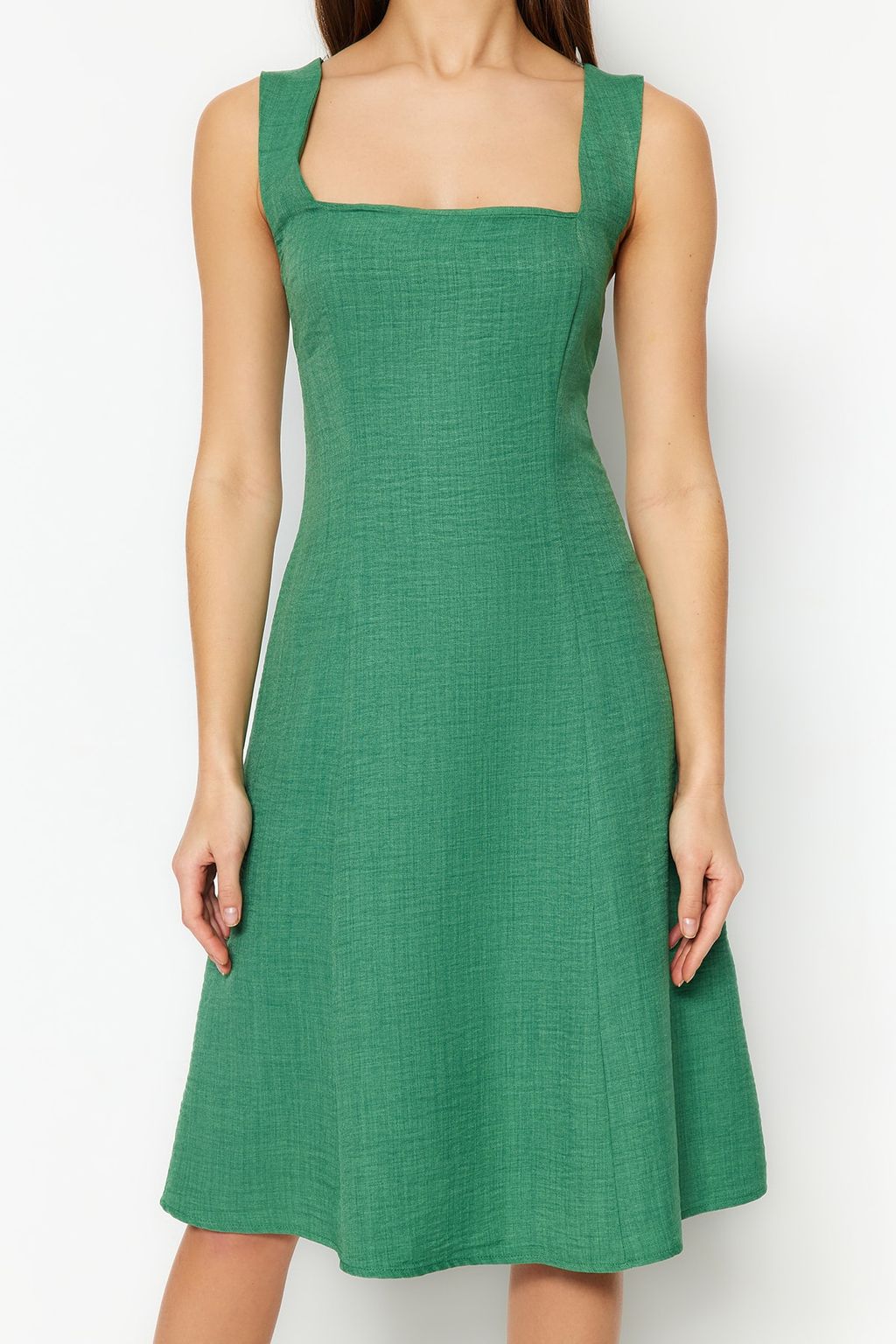 Haki A-Kesim Kare Yaka Mini Dokuma Elbise TWOSS23EL01549 - Trendyolmilla фото 4