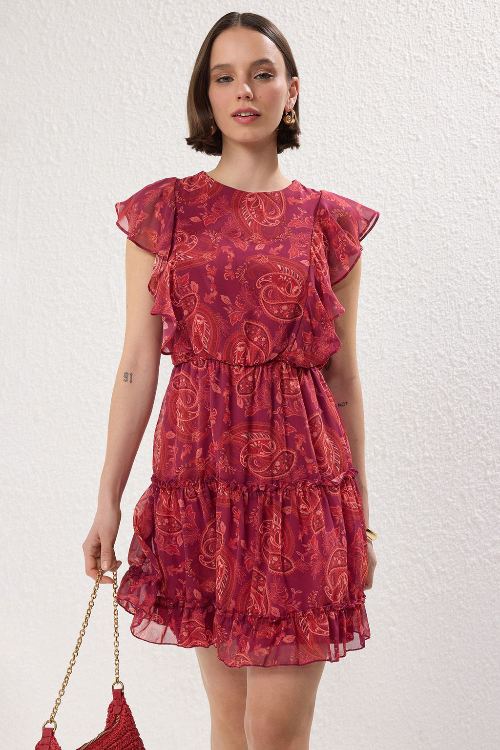 TRENDYOLMILLA Bordo Etnik Desenli Belden Ac?lan F?rf?rl? Mini Sifon Astarl? Dokuma Elbise TWOSS24EL00745