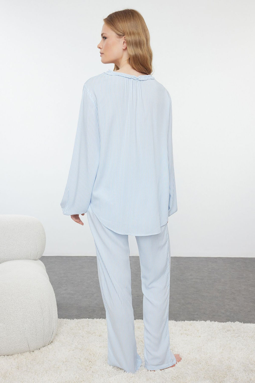 Ac?k Mavi Cizgili F?rf?r ve Kurdele/Fiyonk Detayl? Dokuma Pijama Tak?m? THMAW25PT00094 - Trendyolmilla фото 5