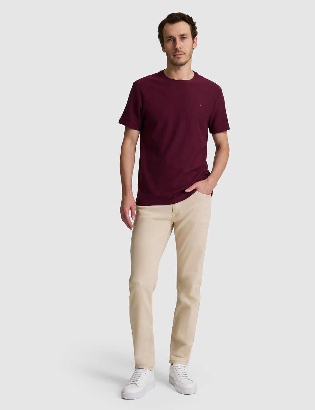 Bordo Slim Fit Saf Pamuk _nce Fitilli Bisiklet Yaka T-shirt