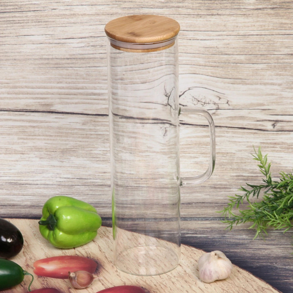 Банка для продуктов стеклянная 1500мл "Хай-Тек" с бамбуковой крышкой и ручкой 8,5*30см