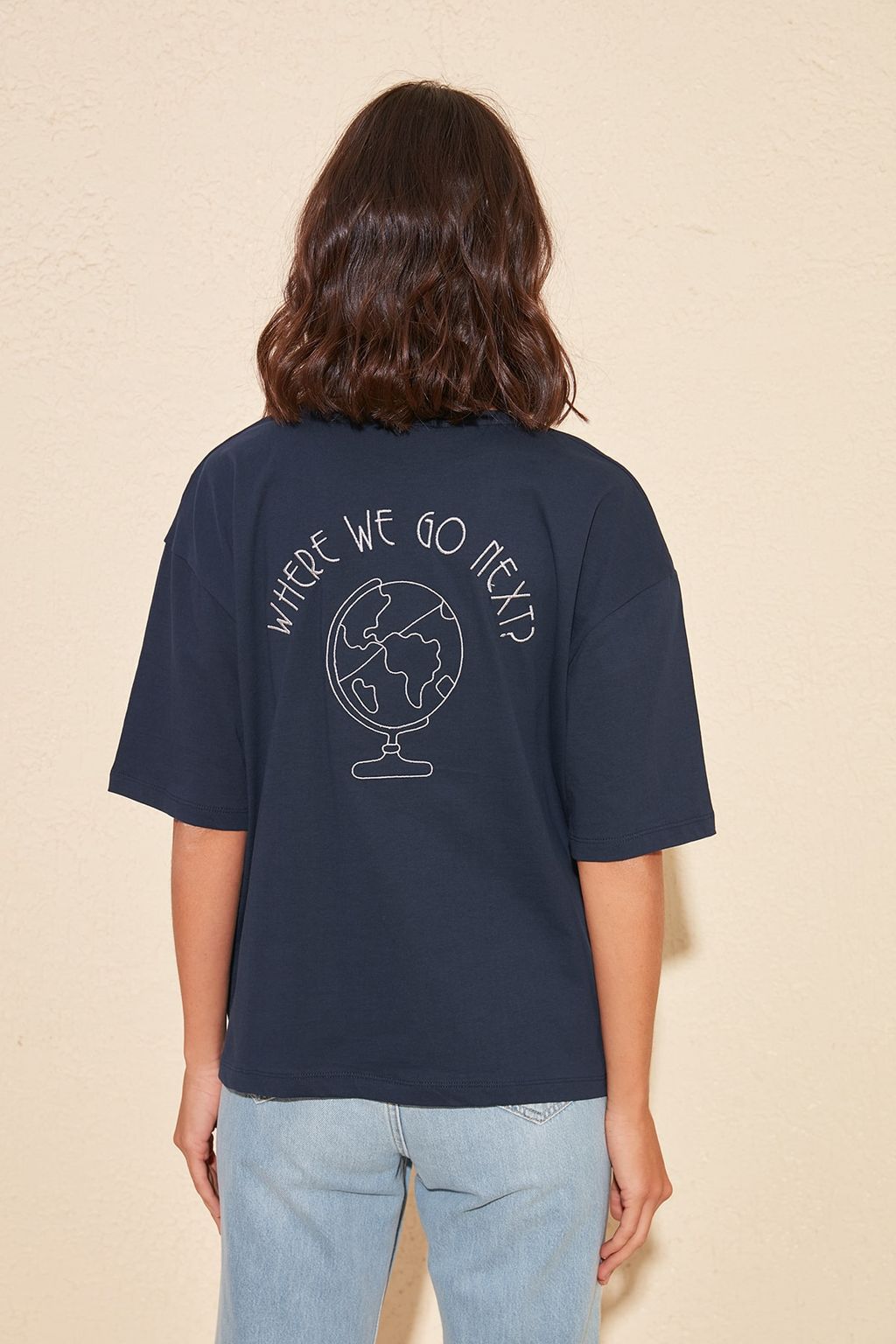 Lacivert %100 Pamuk S?rt Nak?sl? Relaxed/Genis Rahat Kesim Bisiklet Yaka Orme T-Shirt TWOSS20TS0121