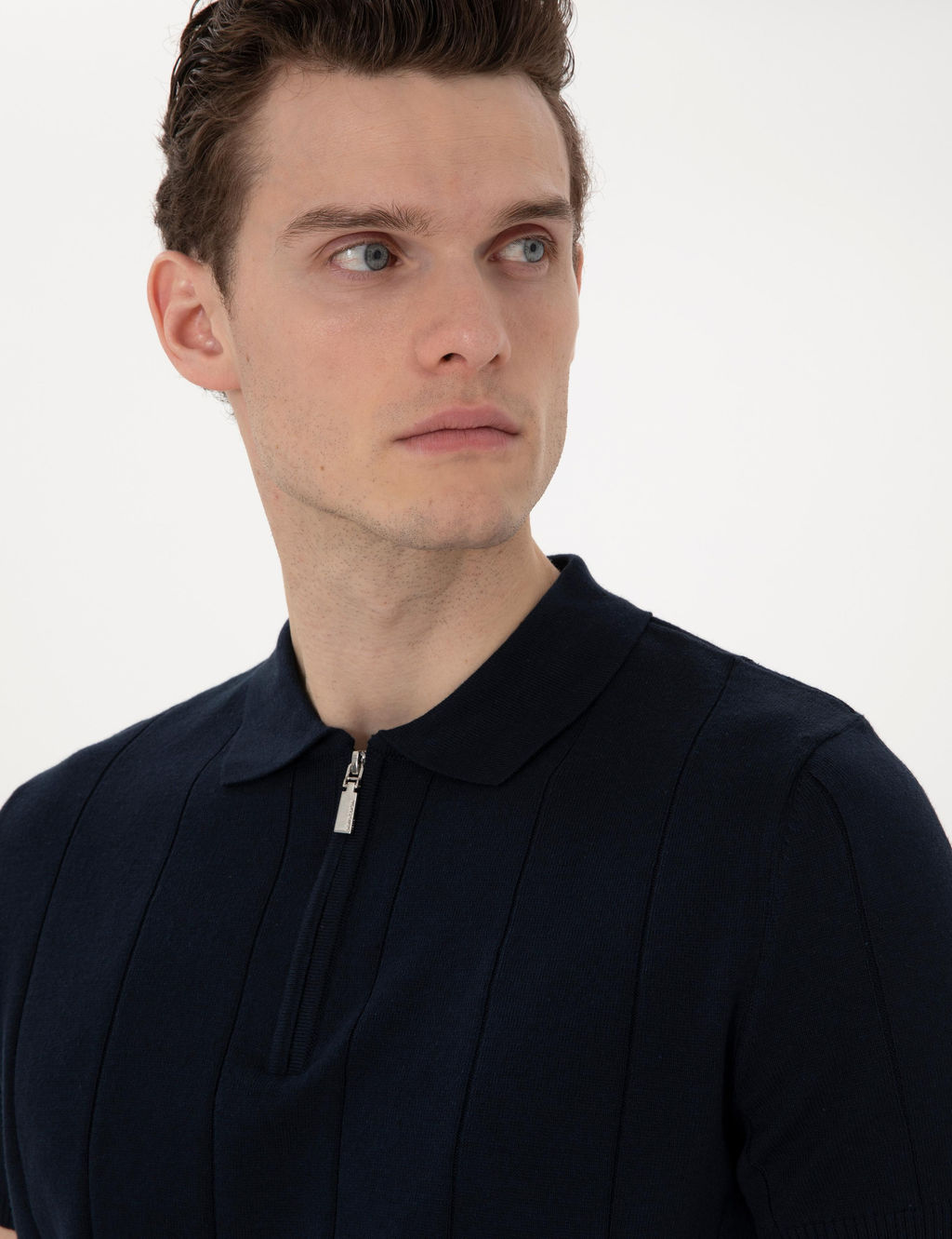 Lacivert Slim Fit Fermuarl_ Polo Yaka Triko Kazak