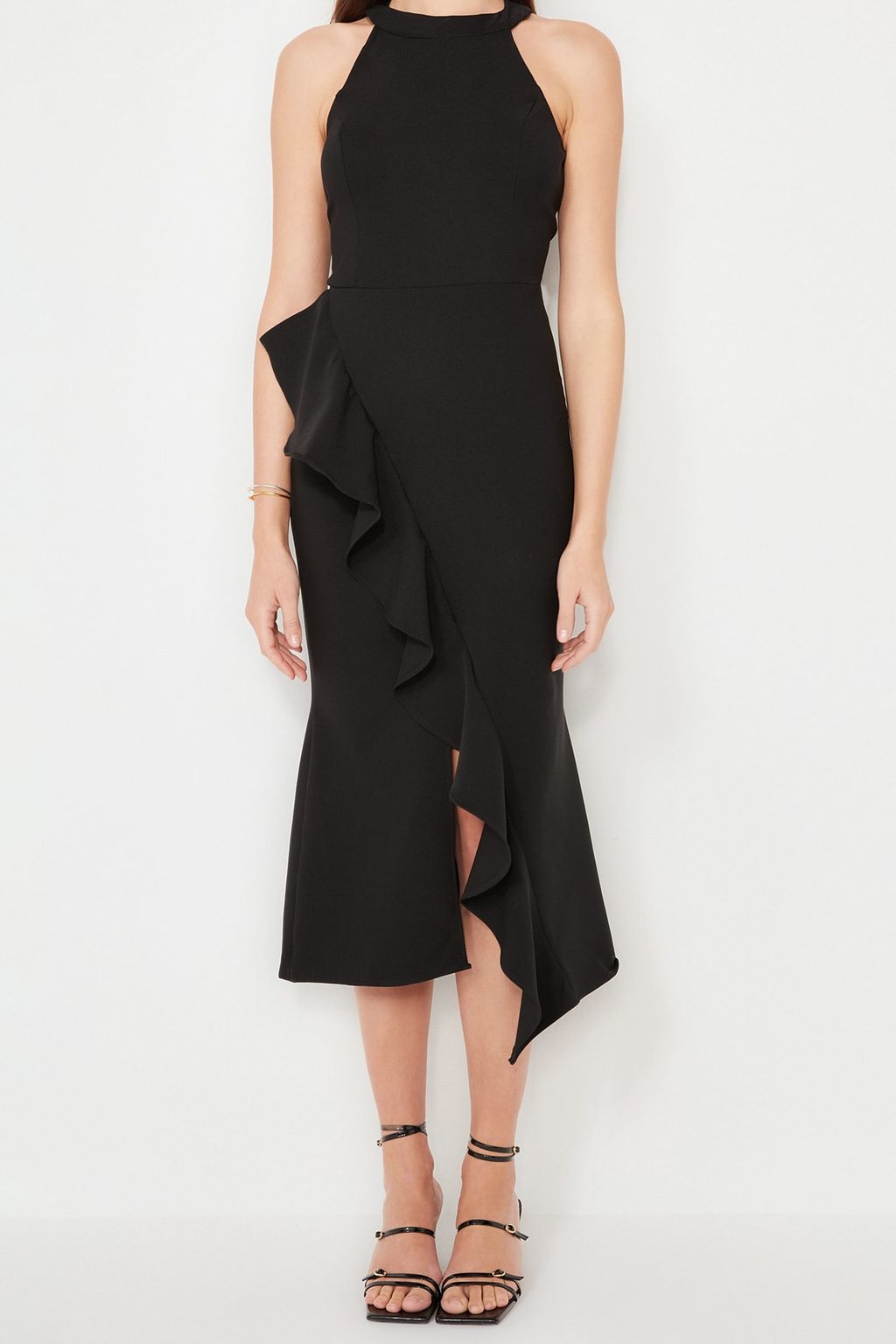 TRENDYOLMILLA Siyah Astarl? Volanl? Dokuma S?k Abiye Elbise TPRAW19BB0144 фото 11