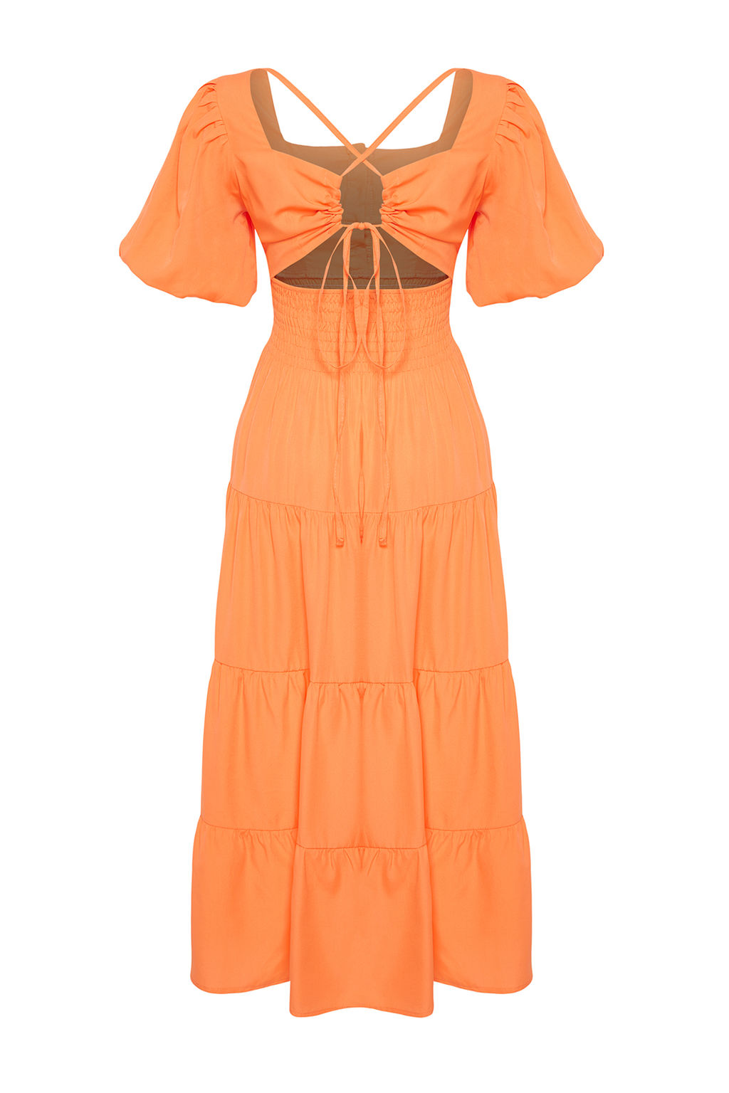 Turuncu Belden Ac?lan Gipe ve S?rt Detayl? Kare Yaka Maxi Dokuma Elbise TWOSS24EL00431