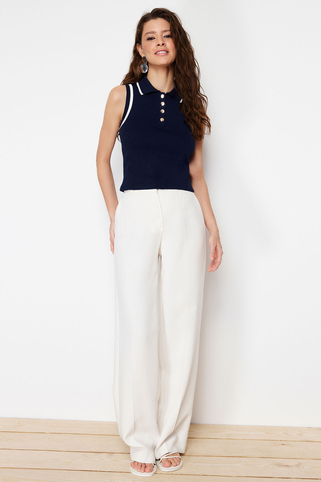 Lacivert Polo Yaka Renk Bloklu Bluz TWOSS24BZ00244