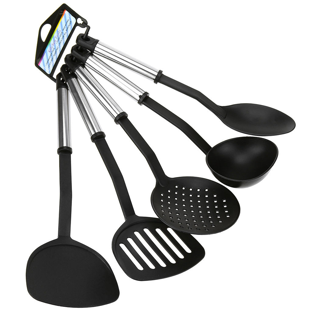 Кухонный набор для тефлоновой посуды пластмассовый 5 предметов: ложка 31см, лопатка 33см, лопатка с прорезями 33см, половник 130мл 31см, шумовка 32см "Цыганочка" ручки из нержавеющей стали (Китай)