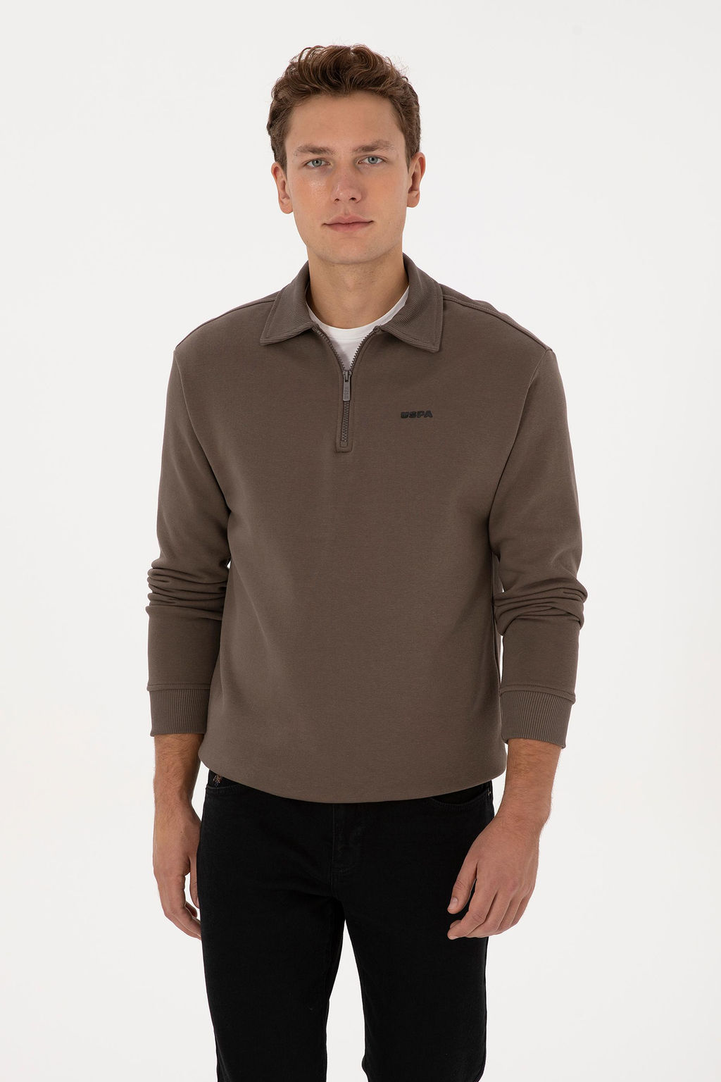 Erkek Regular Fit Yar_m Fermuarl_ Vizon Basic Sweatshirt