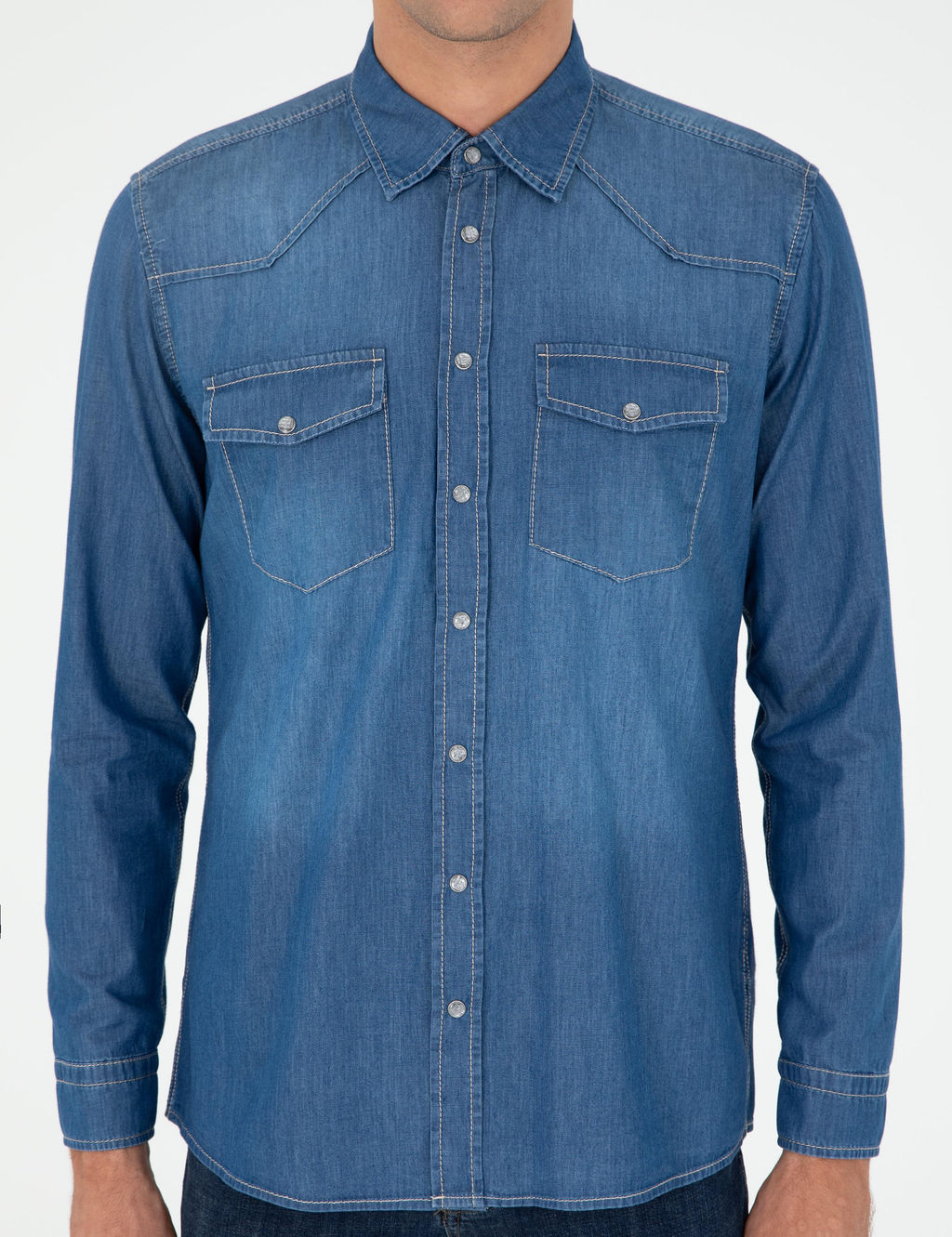 Синяя джинсовая рубашка классического кроя - Cacharel фото 6