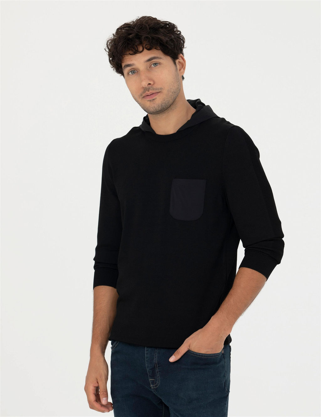 Siyah Slim Fit Kapi_onlu Triko Kazak