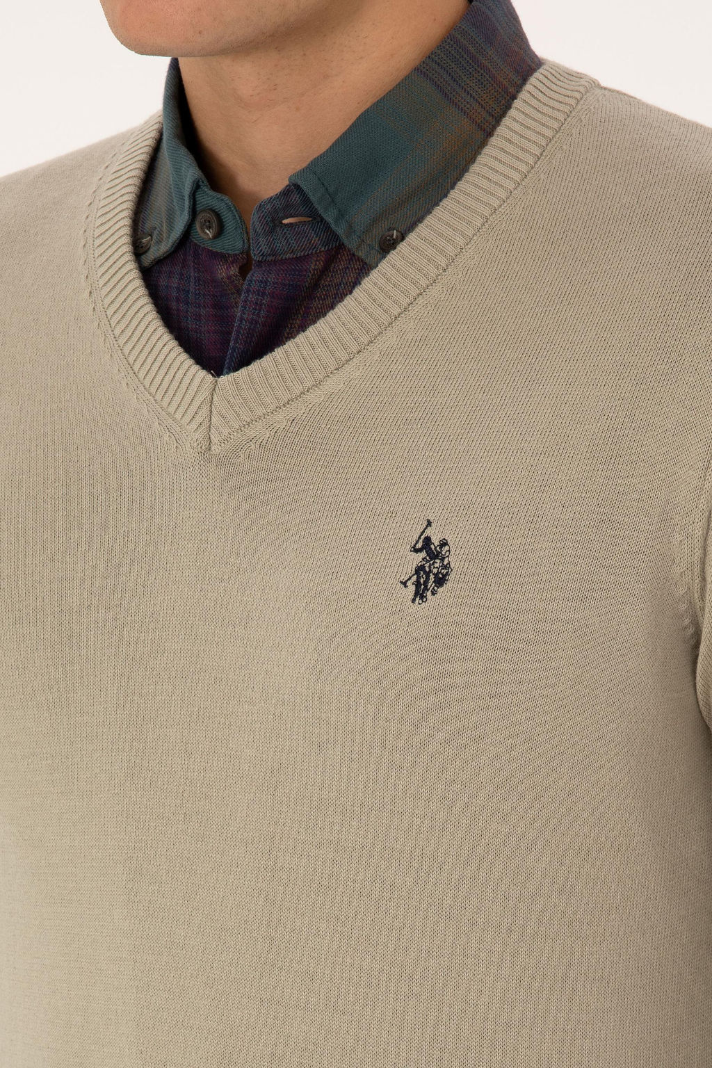 Erkek Slim Fit V Yaka Haki Melanj Basic Triko Kazak - U.s. polo assn фото 7