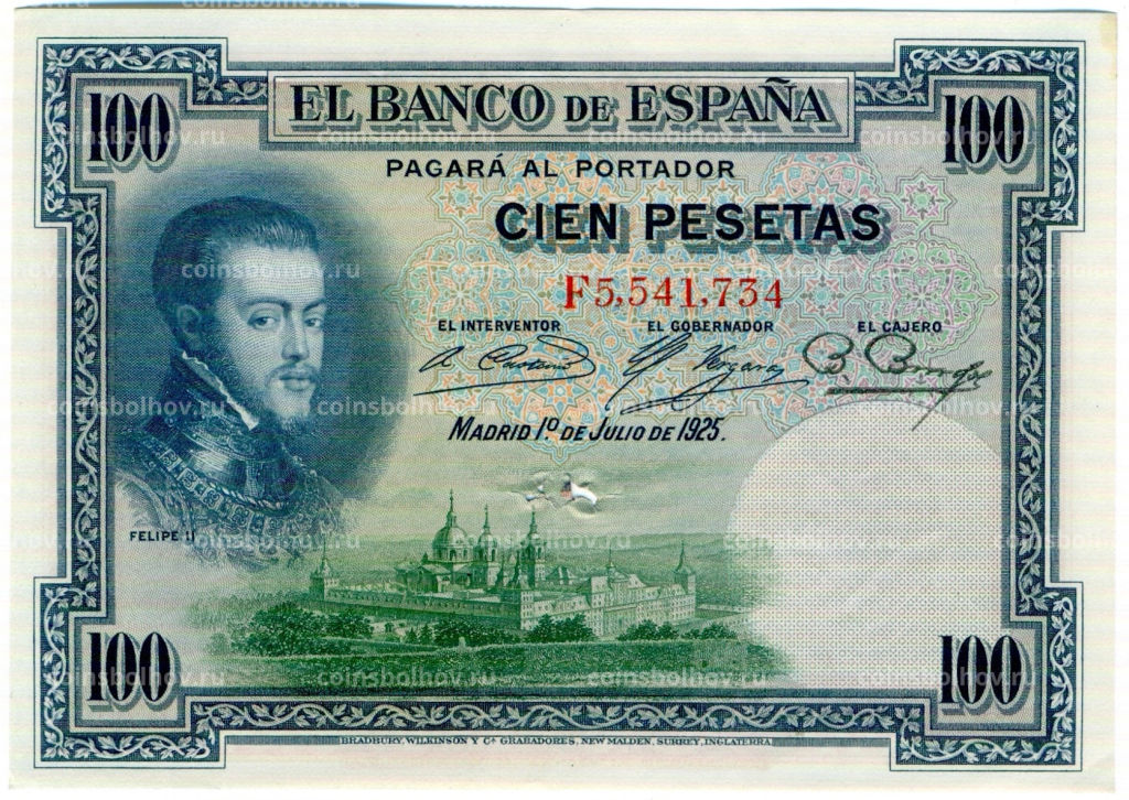 Банкнота 100 песет 1925 года Испания (Гашение)