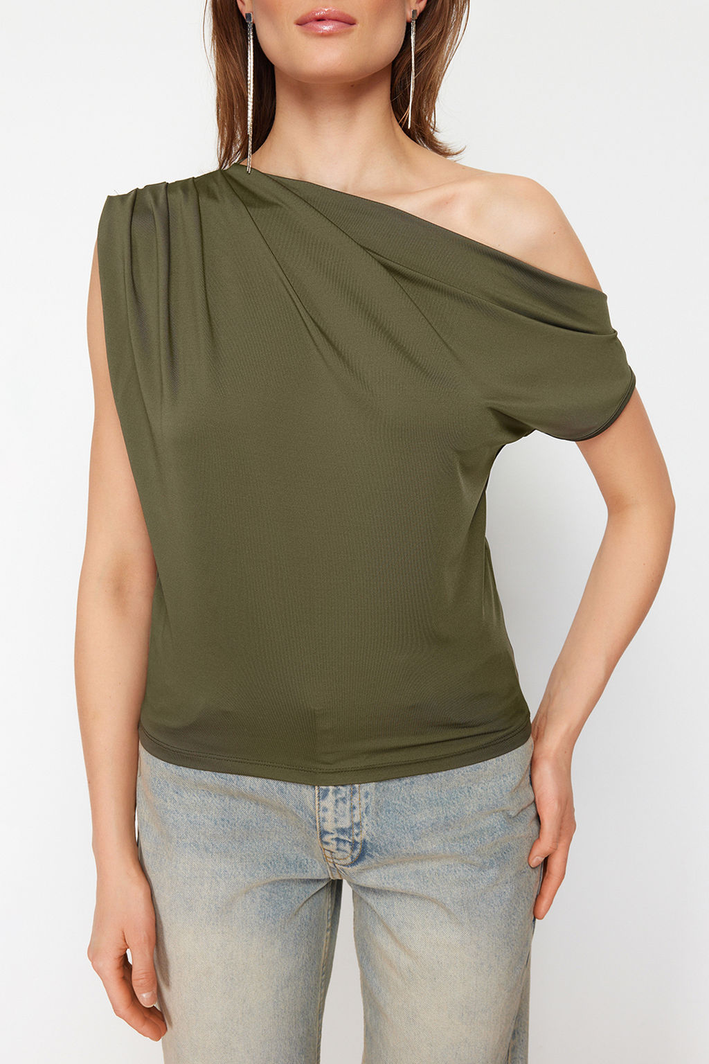 Trendyolmilla Kahverengi Regular/Normal Kal?p Asimetrik Yaka S?f?r Kol C?tc?tl? Esnek Orme Bluz TWOSS24BZ00396  фото 4
