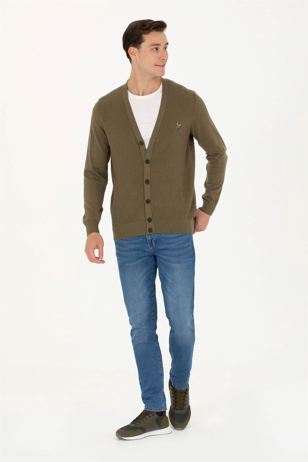 U. S. Polo Assn Мужской базовый трикотажный кардиган цвета хаки меланж - U.s. polo assn фото 4