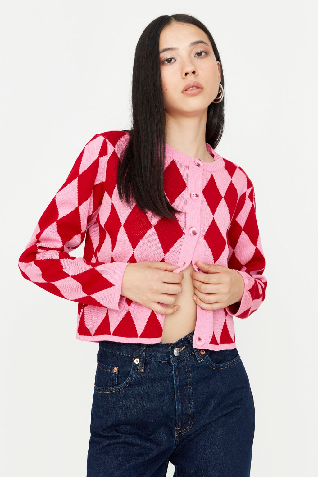 Pembe Crop Desenli/Jakarl? Ceket Gorunumlu Triko H?rka TWOAW23HI00176