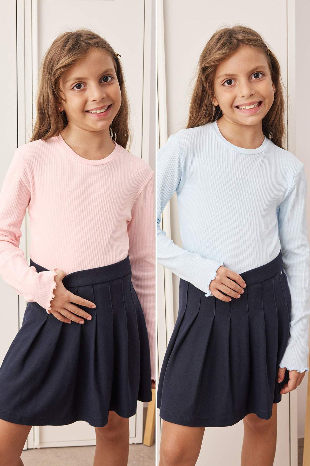 Pembe-Mavi 2li K?z Cocuk 100% Pamuk Duz Bisiklet Yaka Regular Orme T-Shirt TKDAW26TS00001