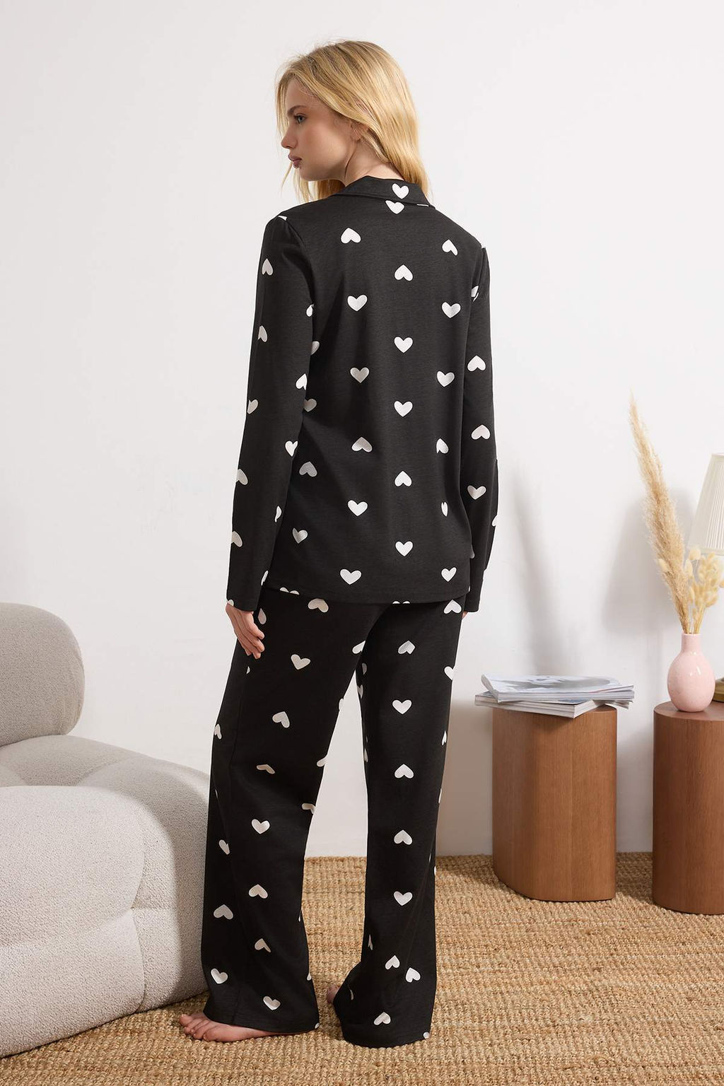 Siyah %100 Pamuklu Kalpli Orme Pijama Tak?m? THMAW21PT0548