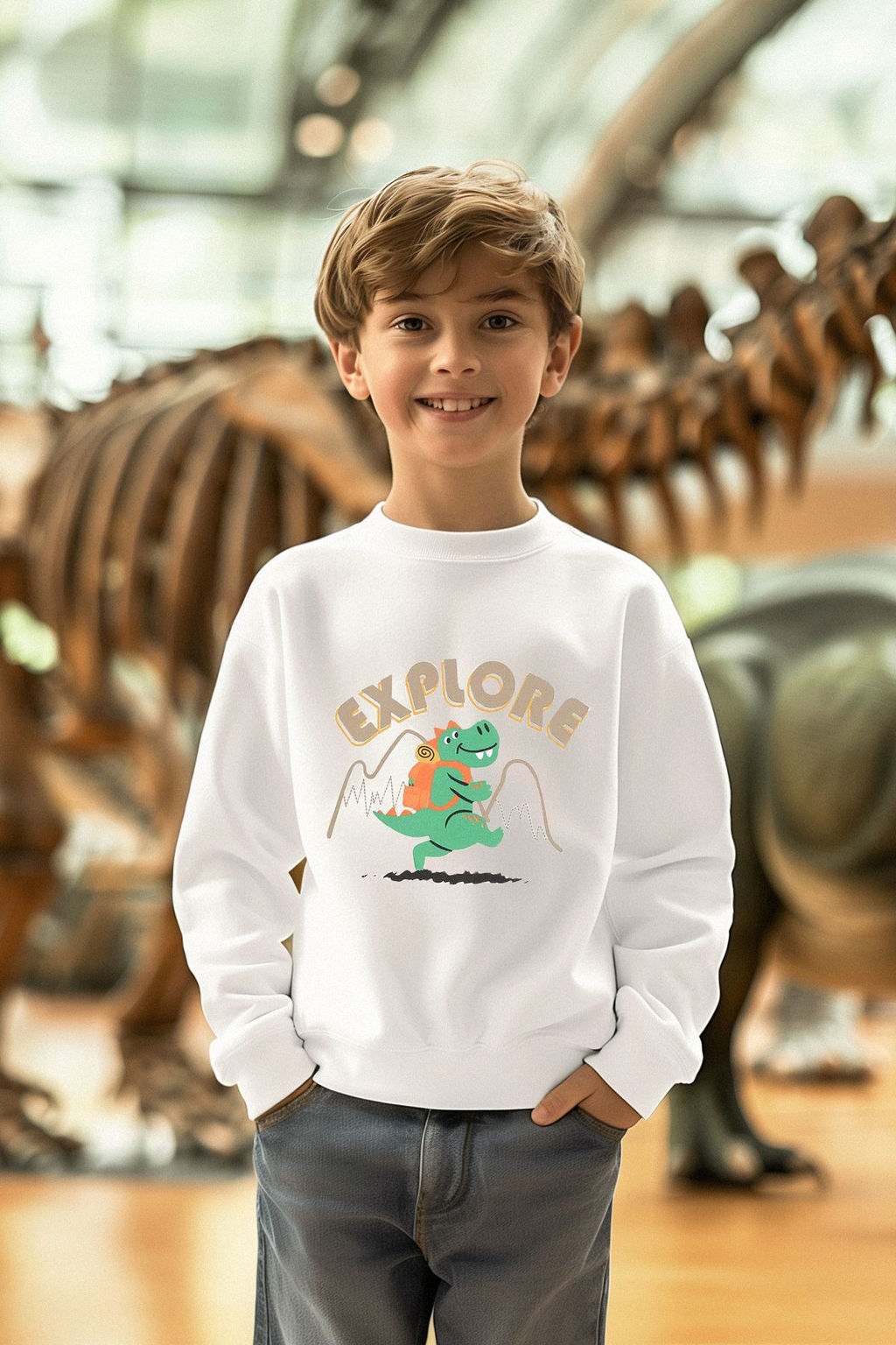 Ekru Erkek Cocuk Mevsimlik-Ince Dinozor Desenli Bisiklet Yaka Orme Sweatshirt TKDAW25SW00005