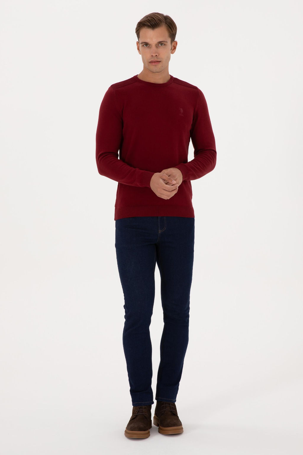 Erkek Slim Fit Bisiklet Yaka Bordo Basic Kazak