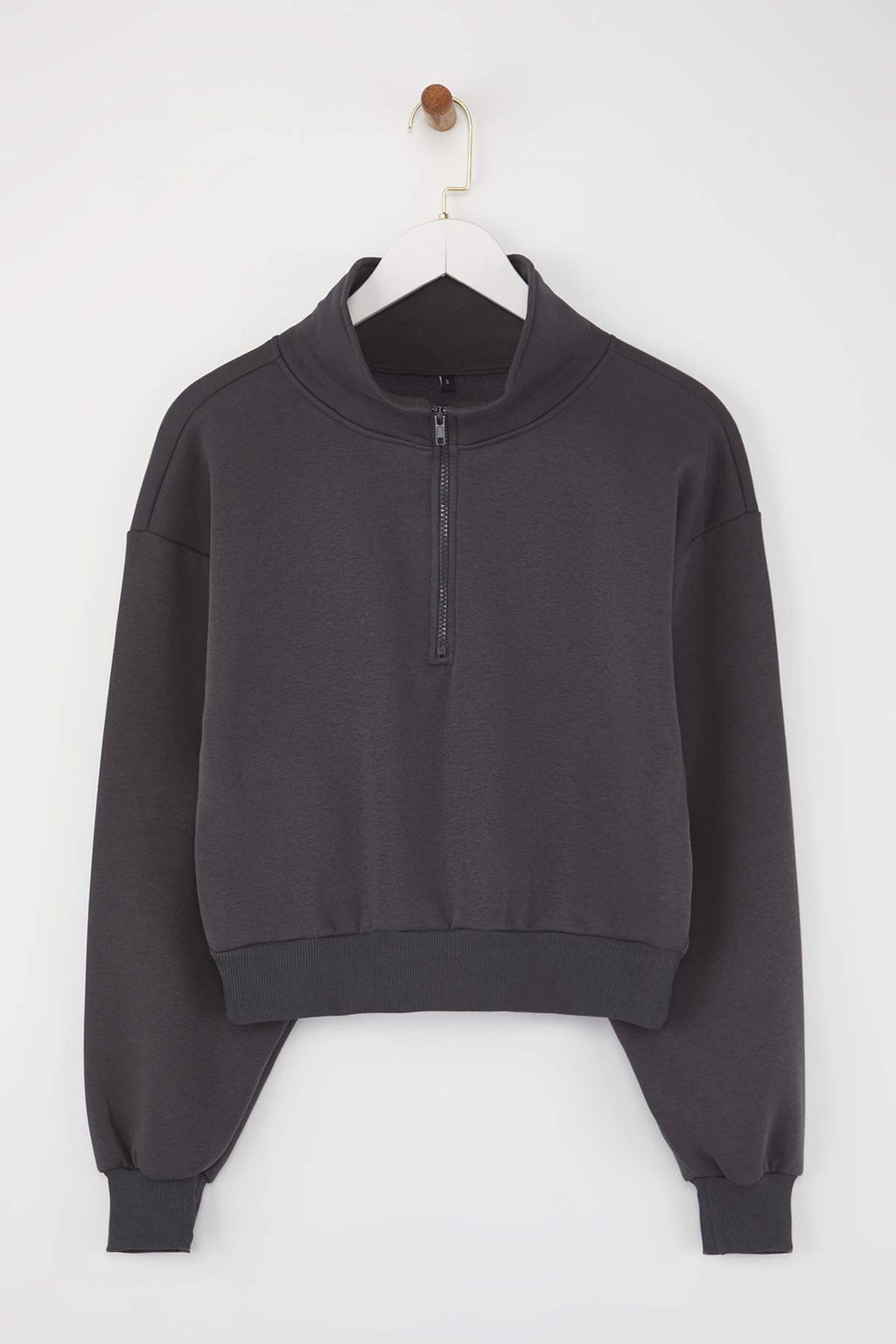 Antrasit Rahat Kesim Crop Fermuarl? Dik Yaka Kal?n Ici Polarl? Orme Sweatshirt TWOAW24SW00221